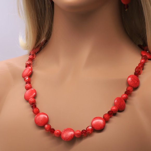 3 Piece Set Necklace Bracelet Earrings Red Howlite Crystals Red Glass Beads - Picture 2 of 10